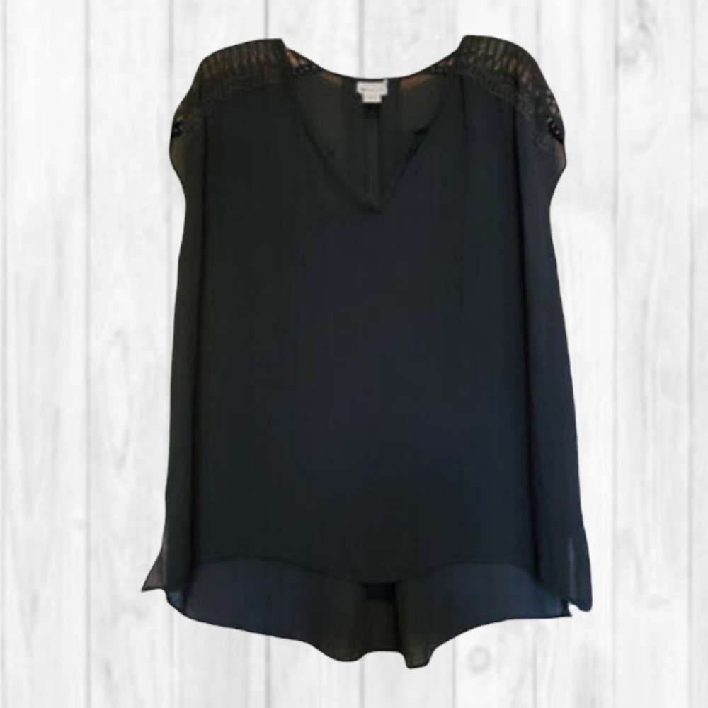 Stylus Women’s Semi-Sheer Black Top with Textured Shoulder Detail (L)